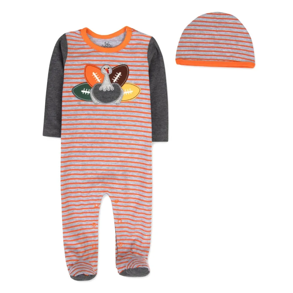 Baby Essentials Baby Boys Thanksgiving Football Footed Coverall and Hat, 2 Piec